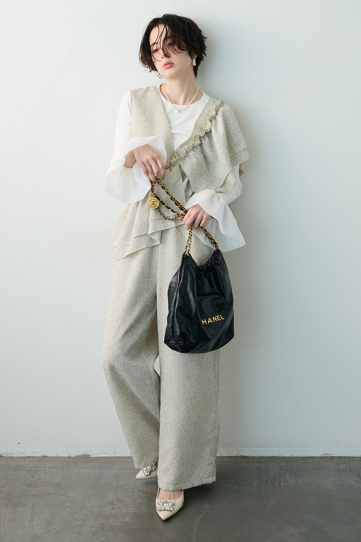 [予約/SET]サイドギャザーフレアチュールカフストップス+サマーツイードマルチウェイロンパース(2set)