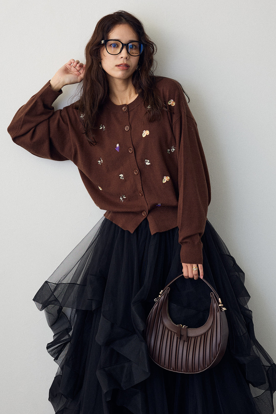 [予約/SET]フルーツフラワー刺繍ニットカーデ+ランダムフリルティアードボリュームスカート(2set)