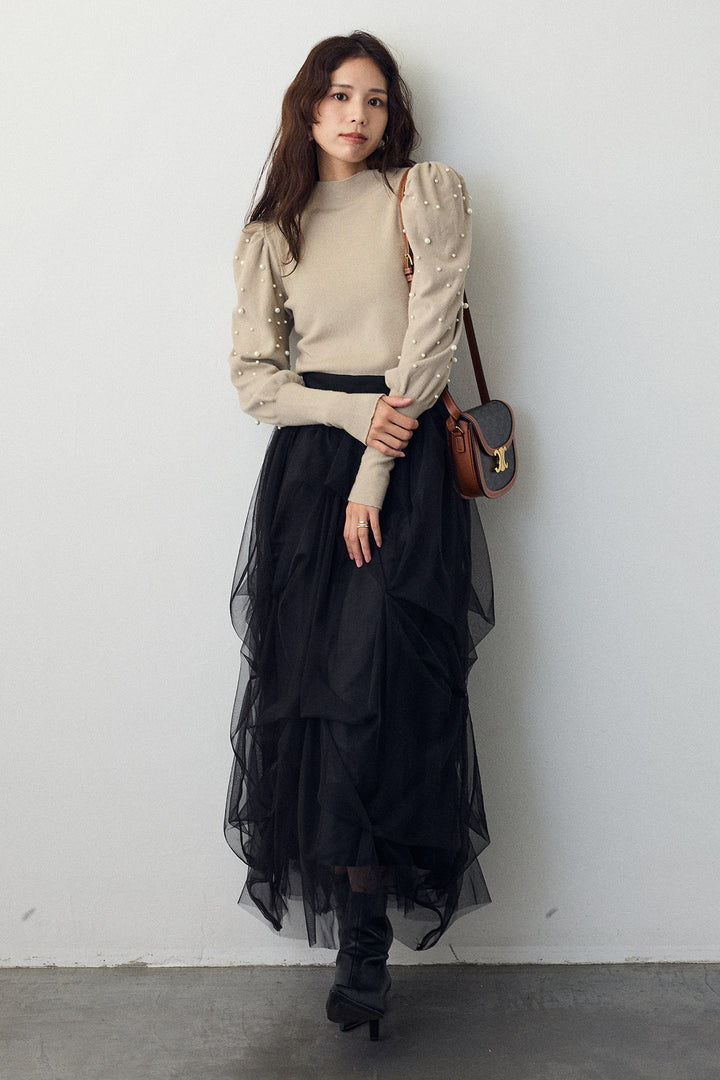[予約/SET]パフスリーブランダムパールニット+マルチパターンタックチュールスカート(2set)