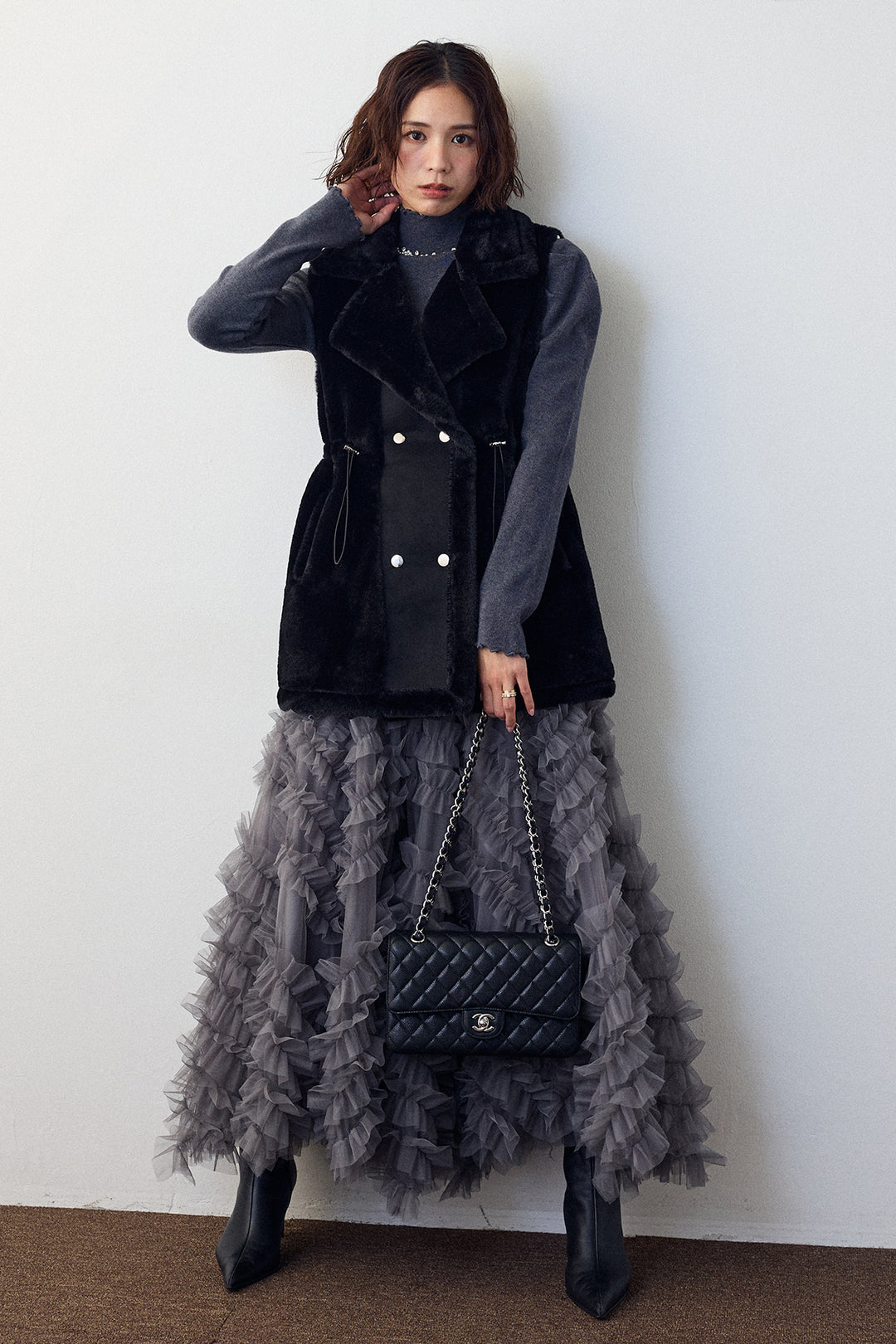 [予約/SET]ネックショルダーパールポイントニット+テディボアウエストドロストベスト(2set)