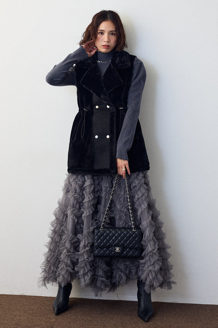 [予約/SET]ネックショルダーパールポイントニット+テディボアウエストドロストベスト(2set)