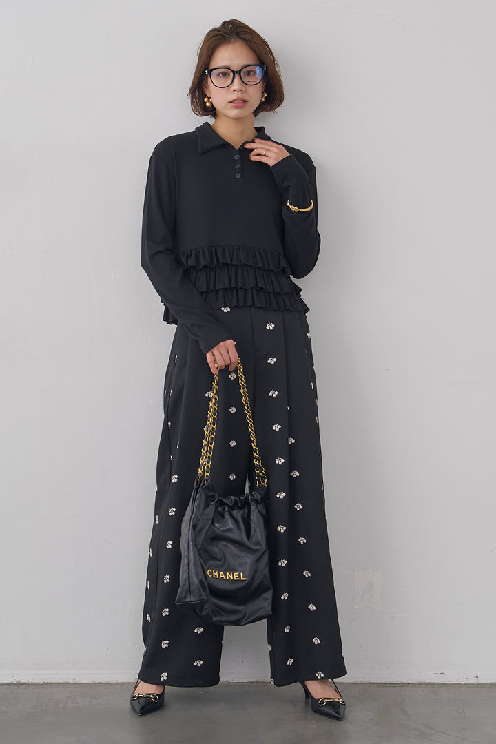 [予約/SET]フリルヘムポロカラープルオーバー+フラワー刺繍ツイルストレートパンツ(2set)