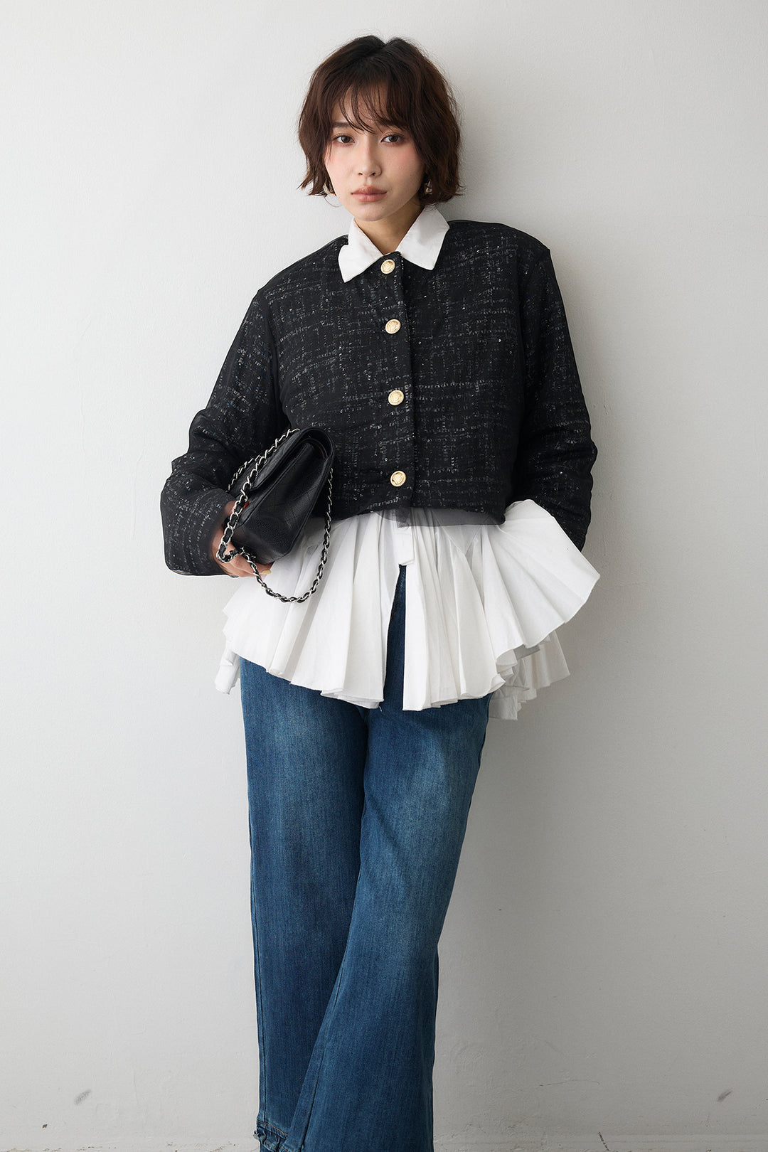 [予約/SET]ツイード×チュールレイヤードクロップドジャケット+フリルヘムデニムパンツ(2set)