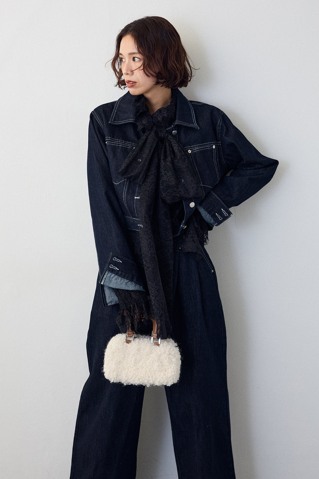 [予約/SET]クラシカルレースボウタイブラウス+クロップドデニムセットアップ(2set)