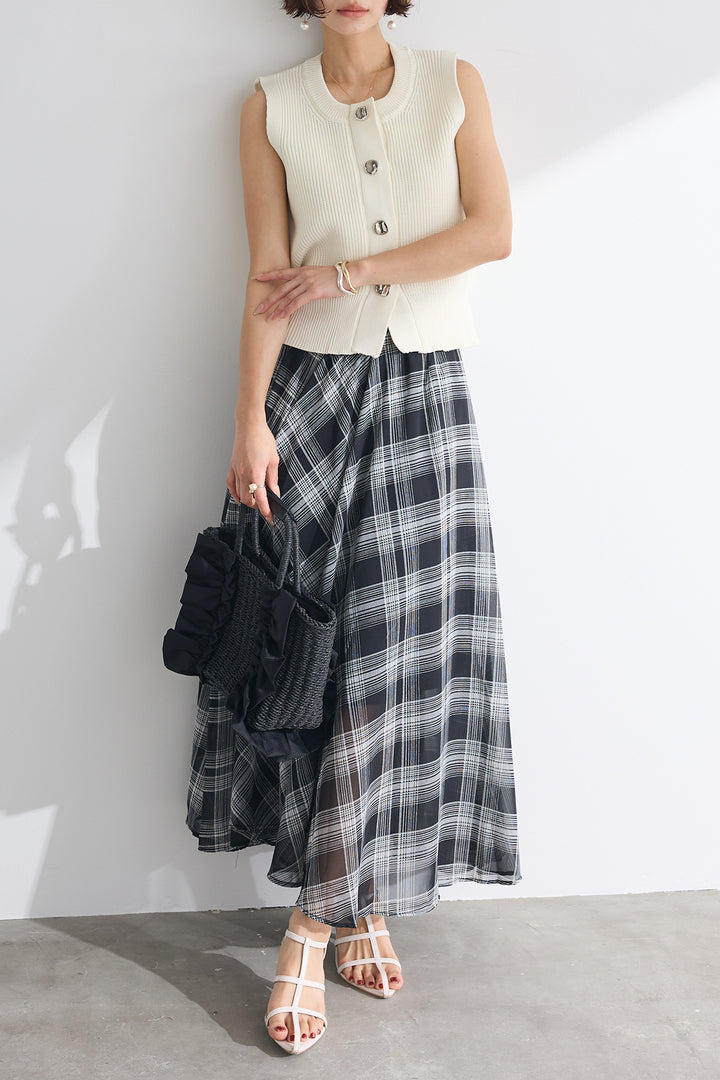 [予約/SET]ニュアンスボタンベスト+シフォンチェックシアースカート(2set)