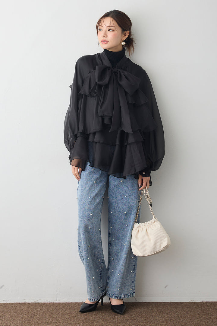 [予約/SET]ベーシックリブタートルニット+フロントBIGリボンティアードエアリーチュニック+パールスタッズストレートハイウエストデニム(3set)