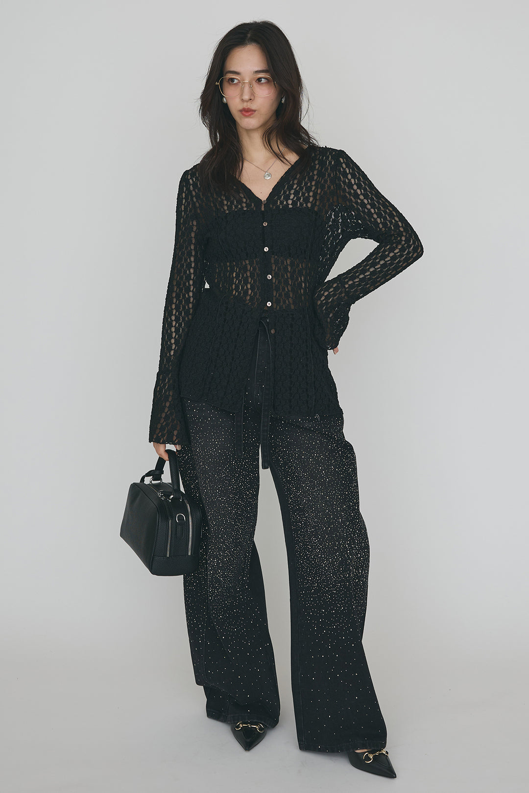 [予約/SET]カットレースフラワーVネックカーデ+ラインストーン美ラインデニム(2set)