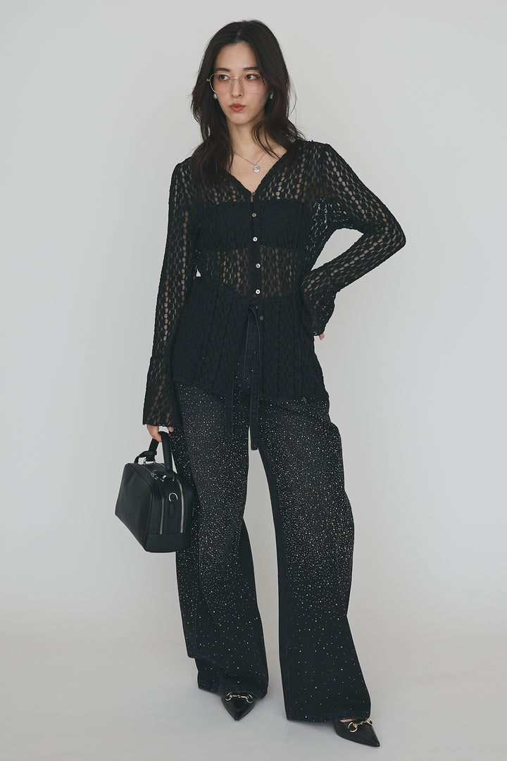 [予約/SET]カットレースフラワーVネックカーデ+ラインストーン美ラインデニム(2set)