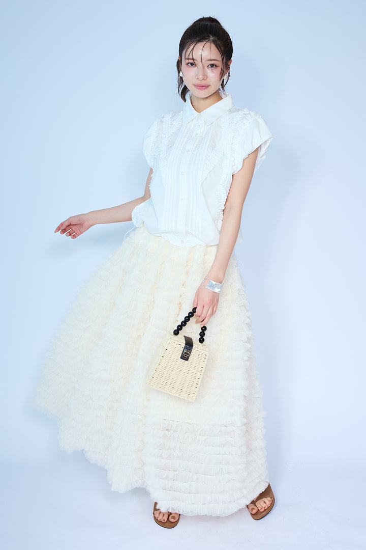[予約/SET]ミックスフリルピンタックサイドドロストブラウス+ホイップチュールティアードスカート(2set)