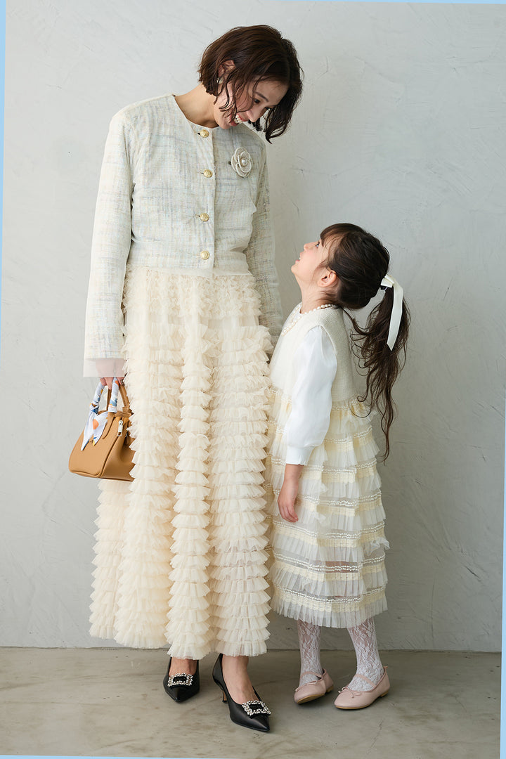 [予約/親子SET][kids]ティアードプリーツパールワンピセット+ツイード×チュールレイヤードクロップドジャケット+ホイップチュールティアードスカート(3set)