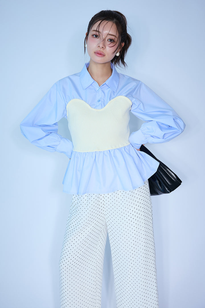 [予約/SET]ビスチェニットドッキングペプラムブラウス+シアードットリラックスパンツ(2set)