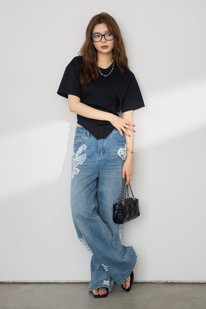 [予約/SET]バックレースアップTシャツ+レースプリントデザインデニムパンツ(2set)