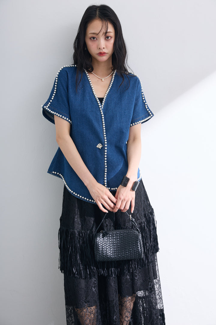 [予約/SET]パールトリミングデニムジャケット+フリンジシアーレースロングスカート(2set)