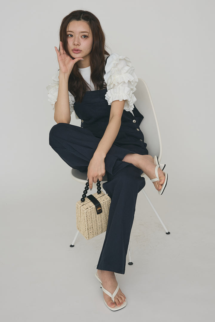 [予約/SET]フリルスリーブプルオーバーブラウス+エプロンデニムサロペ(2set)
