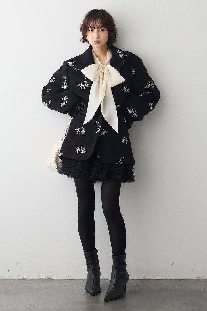 [予約/SET]前後2wayリボンシアーブラウス+フラワーエンブロイダリーモッサジャケット+ホイップチュールミニ丈スカート(3set)