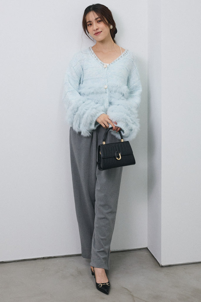 [予約]ネックビジューラインファーニットカーデ