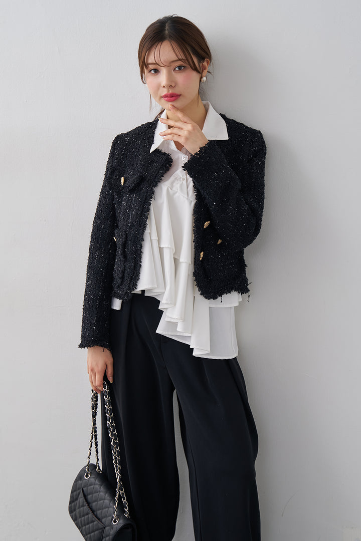 [予約/SET]アシメフリルティアードシャツ+フリンジツイードゴールドボタンジャケット+エステルツイルタックワイドカラーパンツ(3set)