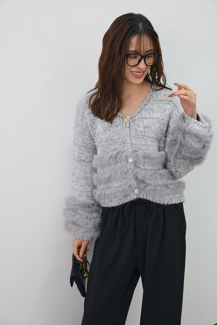 [予約/SET]ネックビジューラインファーニットカーデ+2タック美シルエットパンツ(2set)