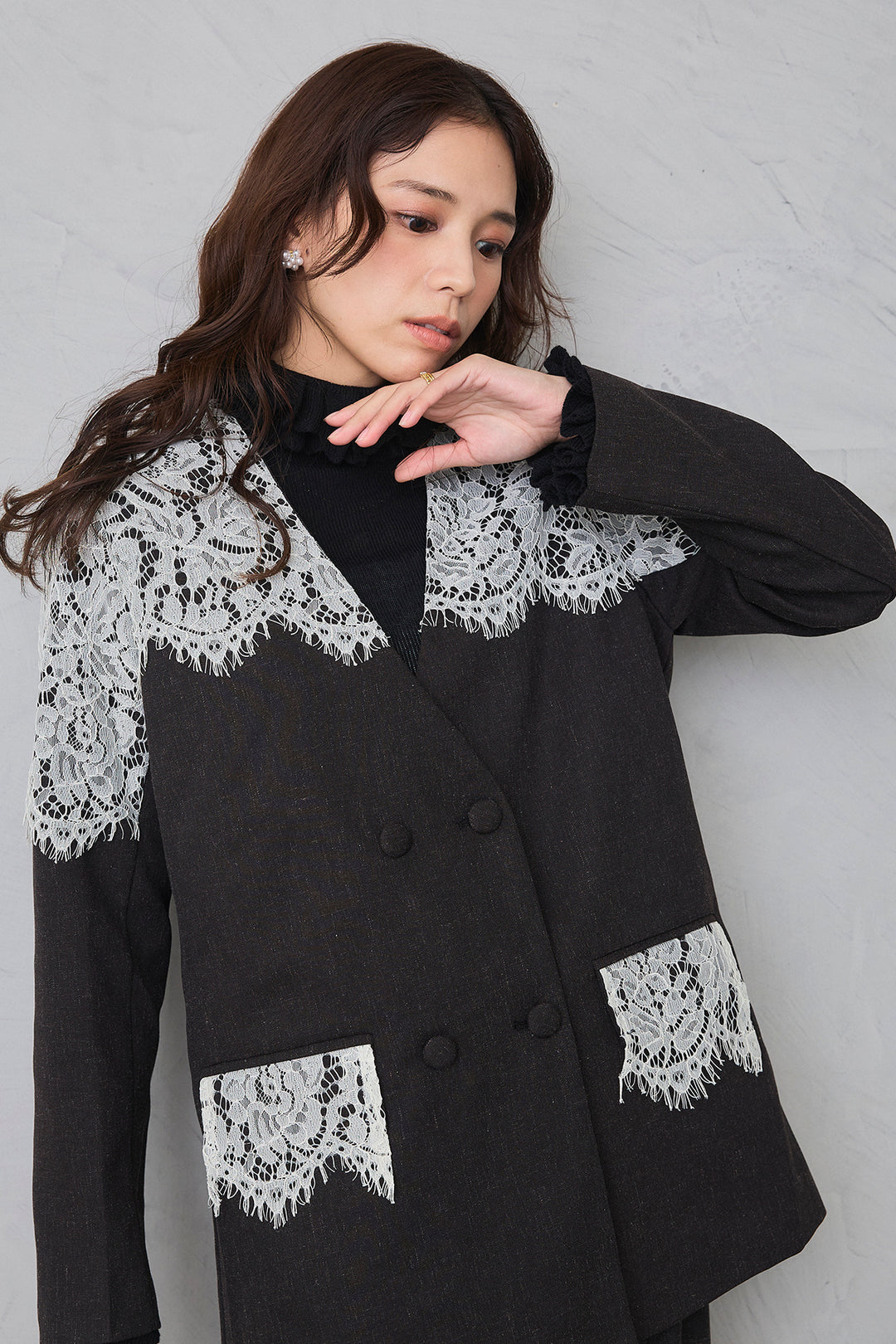 [予約/SET]ショルダーレースデザインジャケット+ライトツイードタックパンツ(2set)