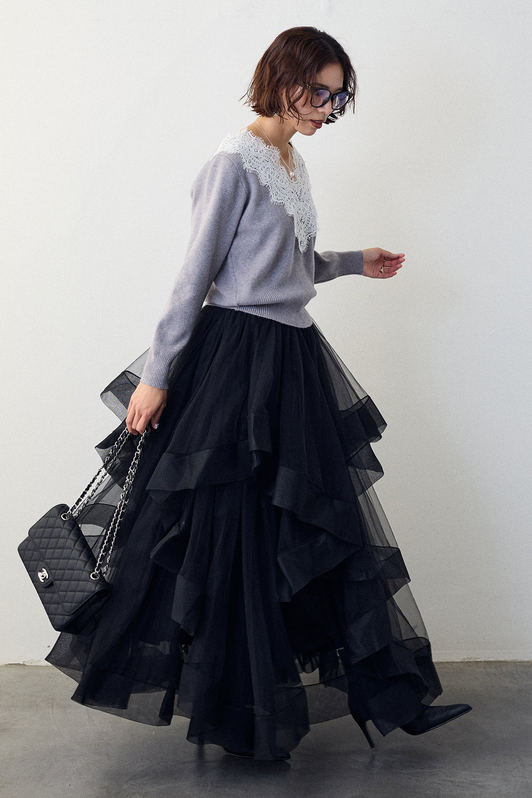 [予約/SET]Vレースデザインニットプルオーバー+ランダムフリルティアードボリュームスカート(2set)
