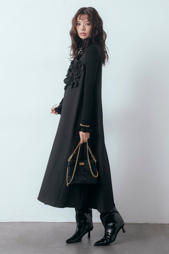 [予約/SET]ダブルフリルカラーニットプルオーバー+アシメフラワーモチーフVネックワンピース(2set)