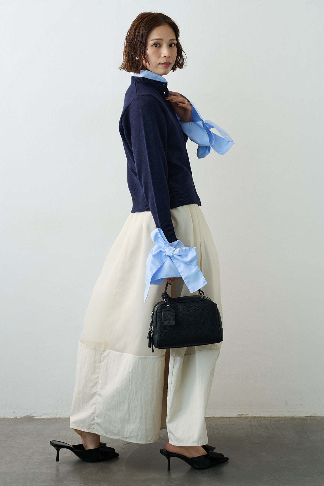 [予約/SET]BIGリボンカフスデザインニットドッキングカーデ+オーガンジー×タフタコクーンスカート(2set)