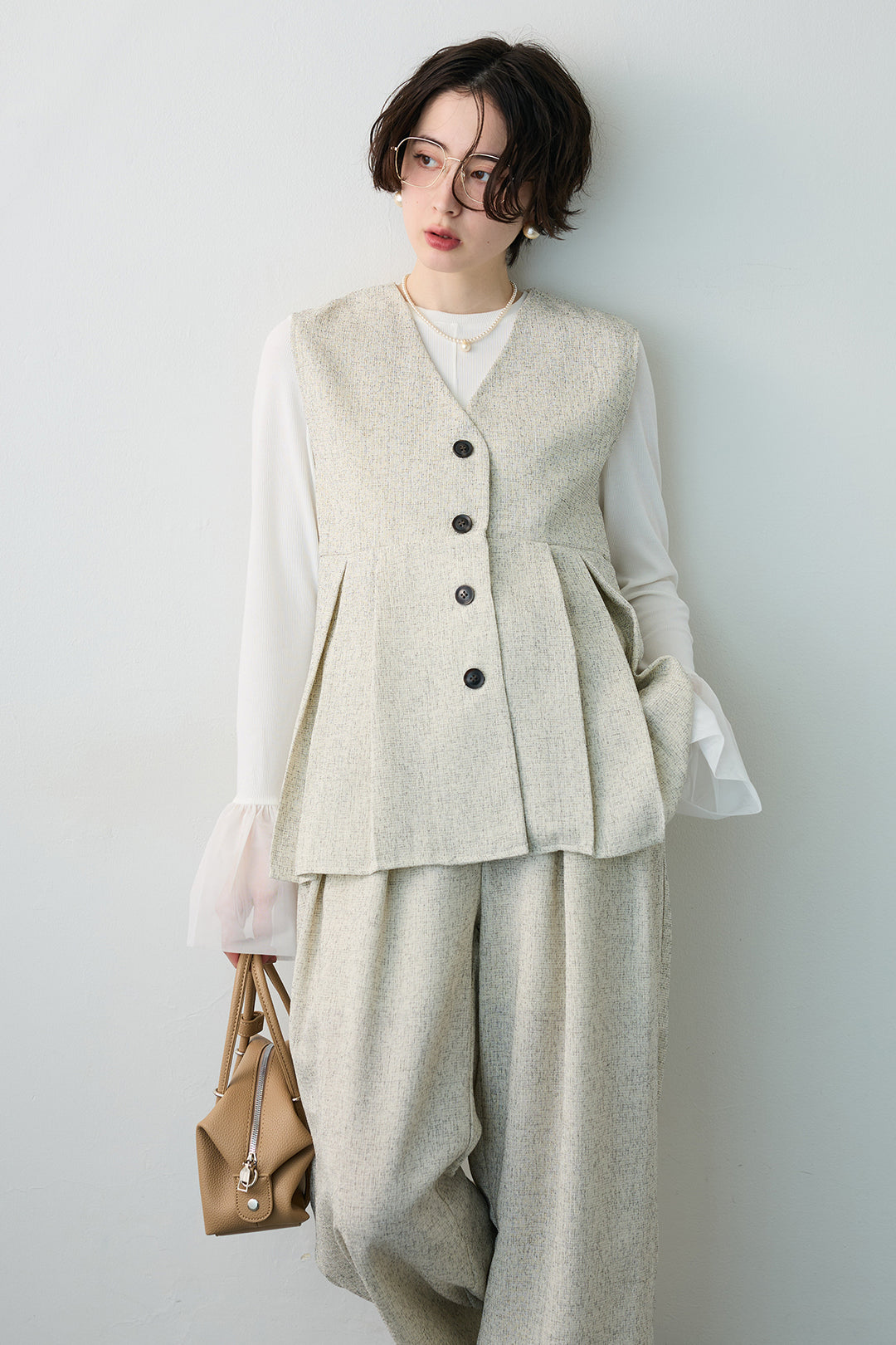 [予約/SET]サマーツイードボックスプリーツベスト+サマーツイードウエストラインタックパンツ(2set)