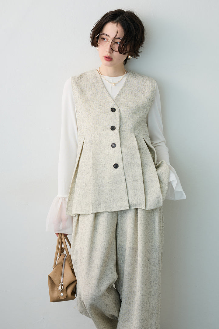 [予約/SET]サマーツイードボックスプリーツベスト+サマーツイードウエストラインタックパンツ(2set)