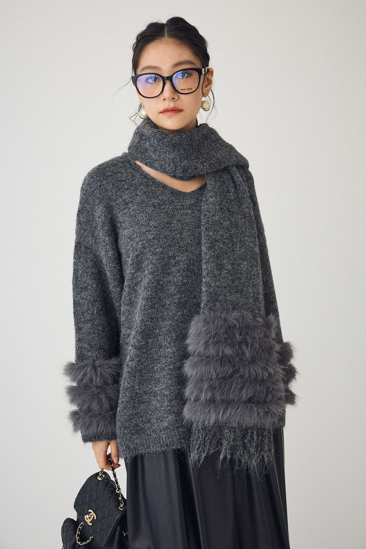 [予約/SET]マフラー付きファーラインデザインニットカーデ+レザーライクバルーンスカート(2set)