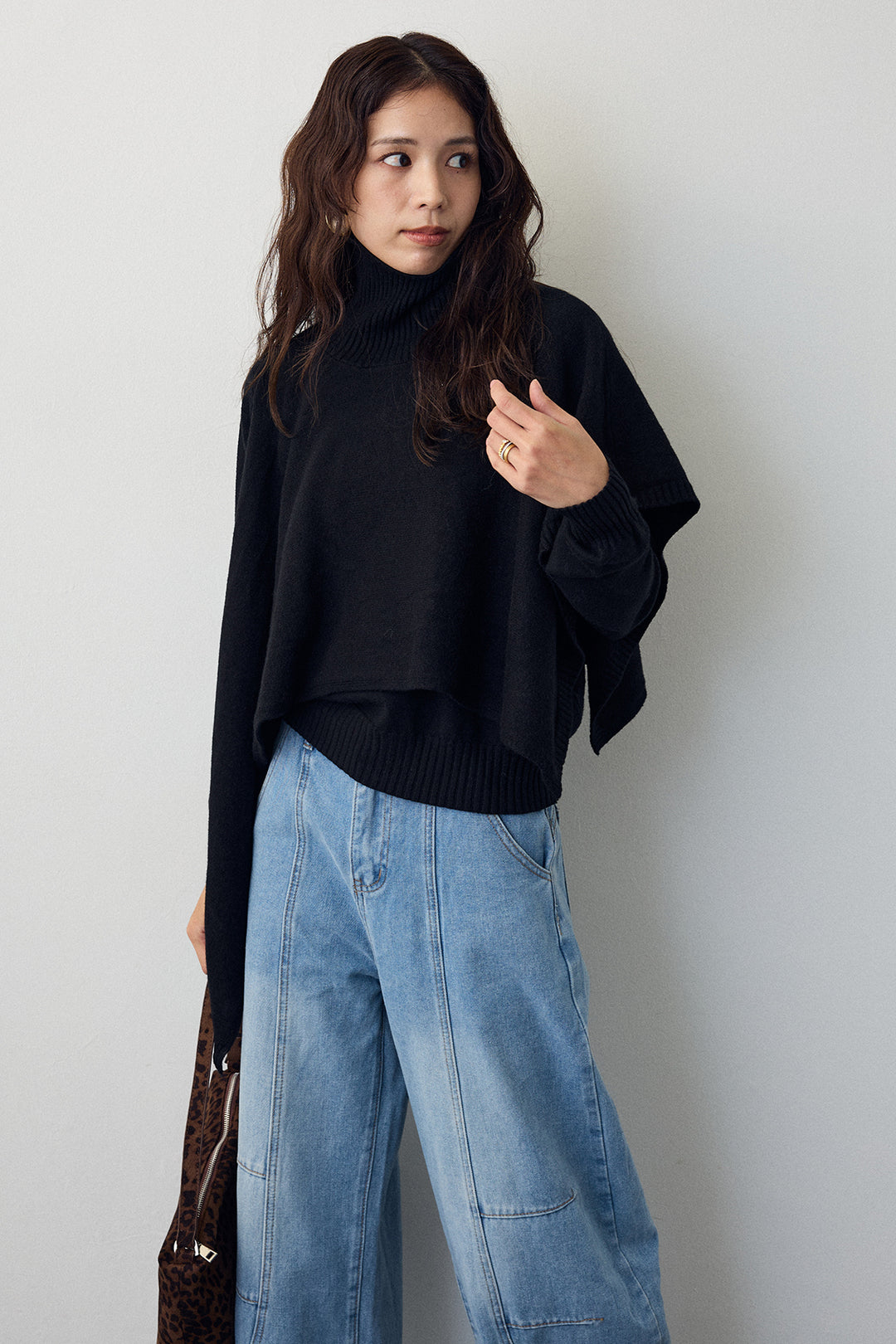 [予約/SET]アシメケープ2wayニット+ステッチ美ラインカーブデニムパンツ(2set)