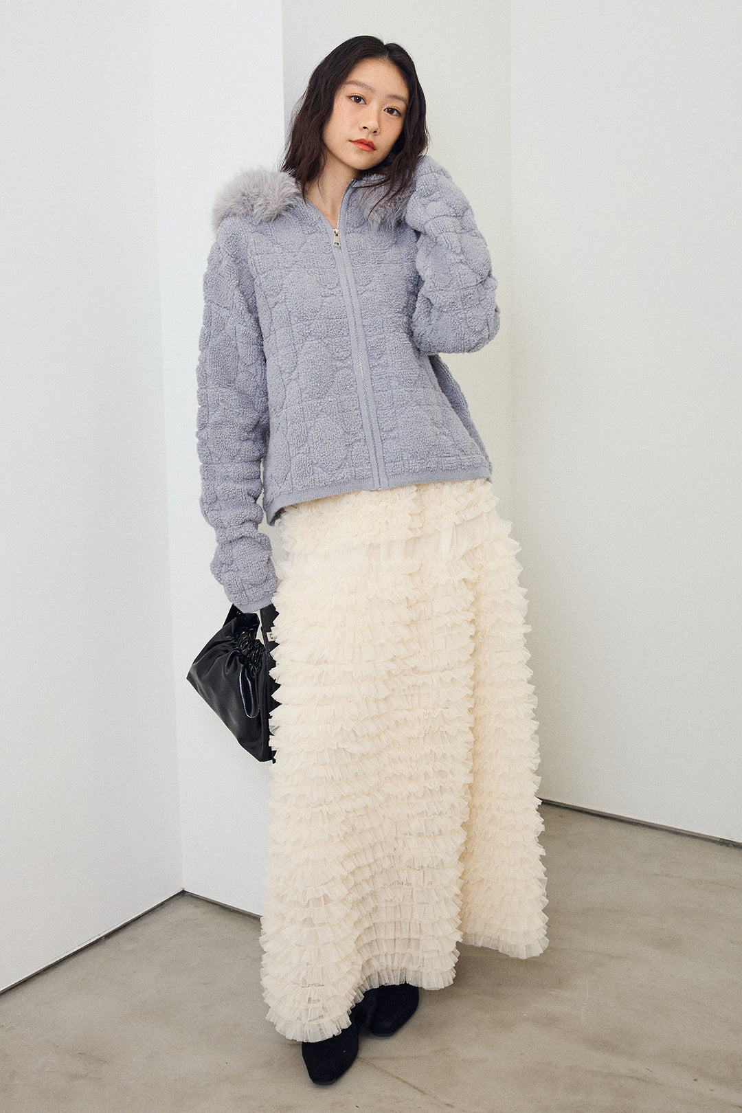 [予約/SET]フードファーキルトZIPニットブルゾン+ホイップチュールティアードスカート(2set)