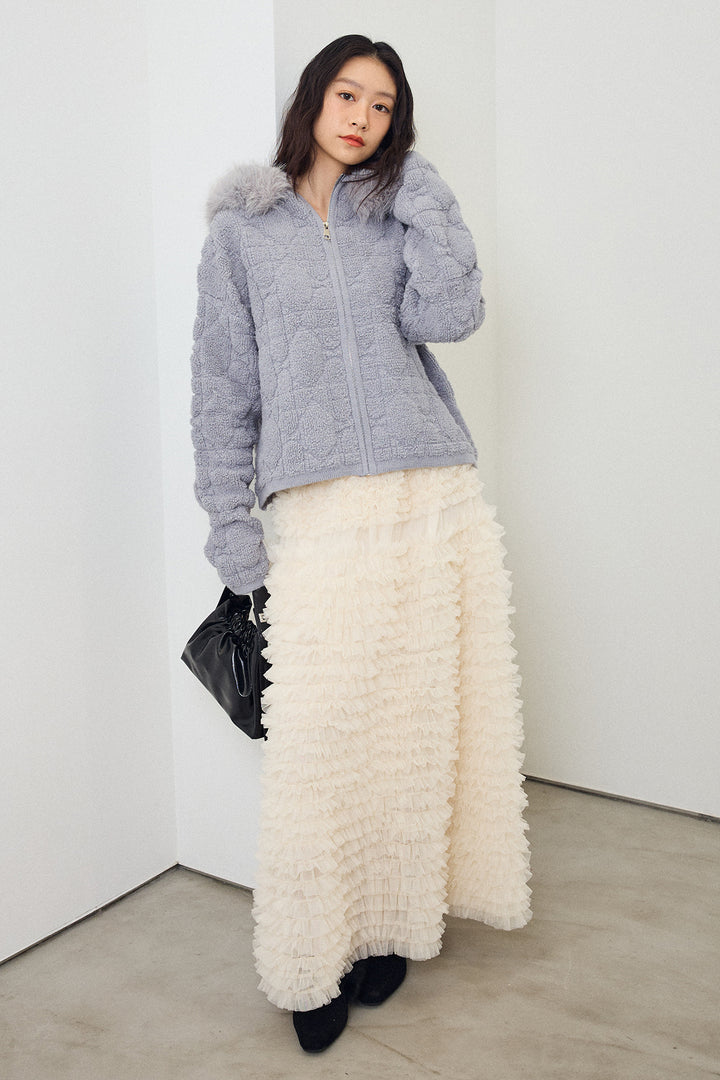 [予約/SET]フードファーキルトZIPニットブルゾン+ホイップチュールティアードスカート(2set)