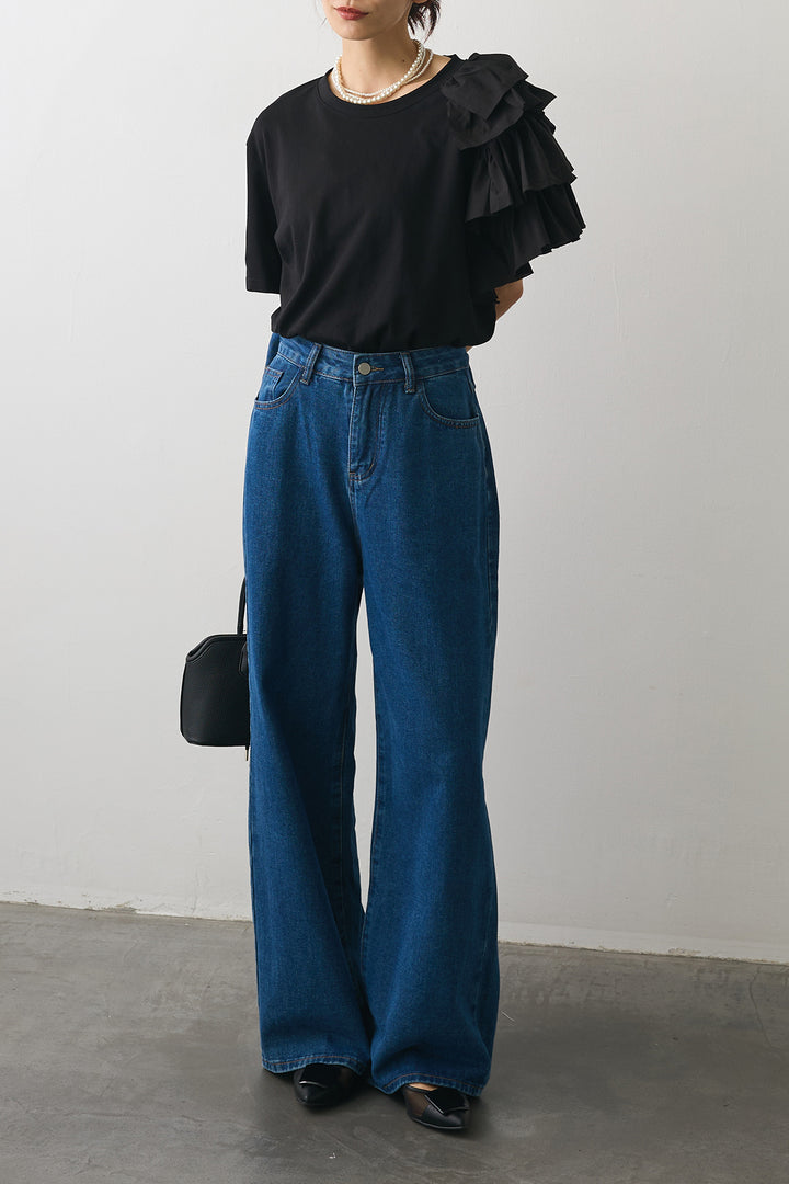 [予約/SET]アシメフリルティアードデザインTシャツ+バックリボンデザインデニムパンツ(2set)