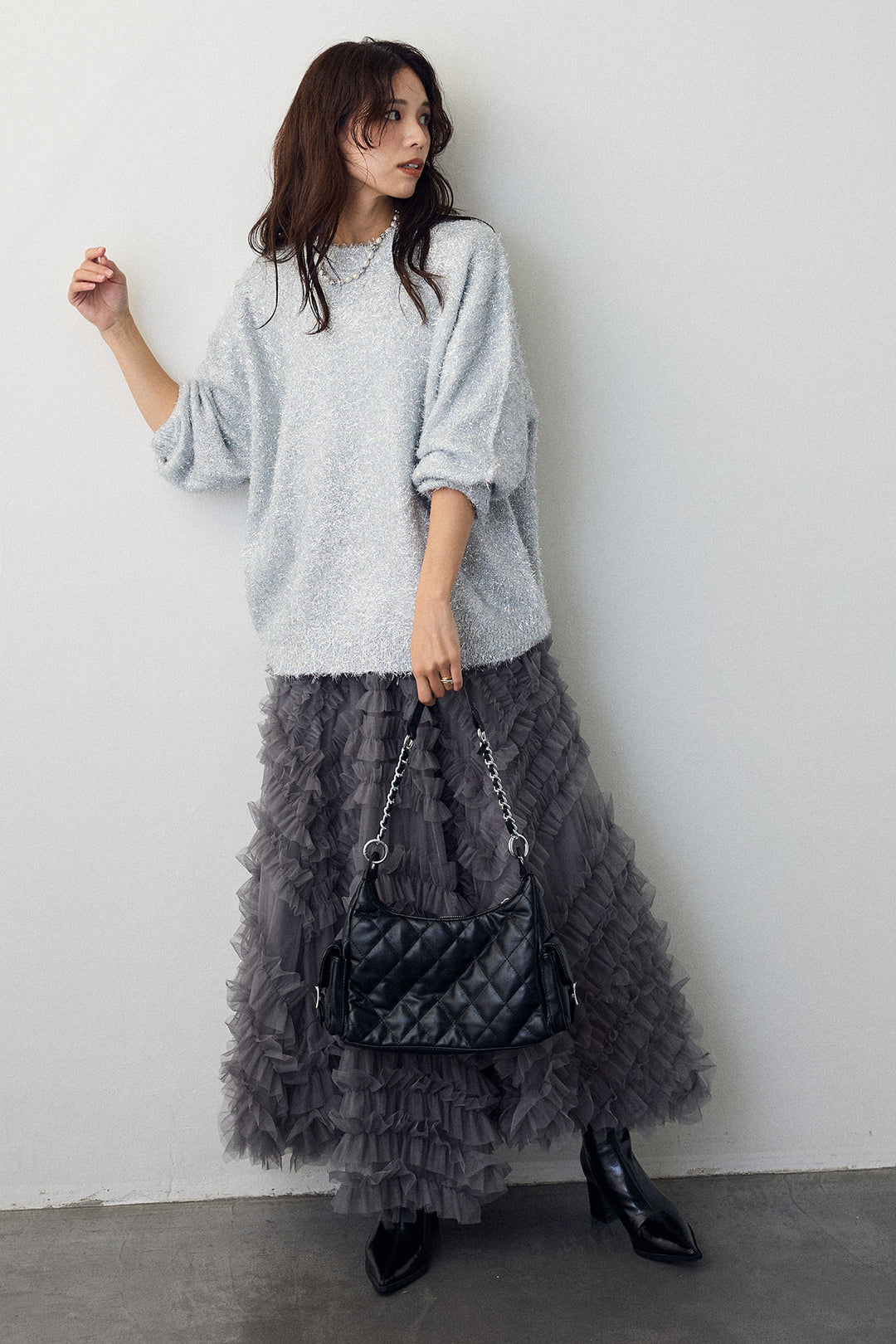 [予約/SET]グリッターラメニット+スフレアシメチュールスカート(2set)