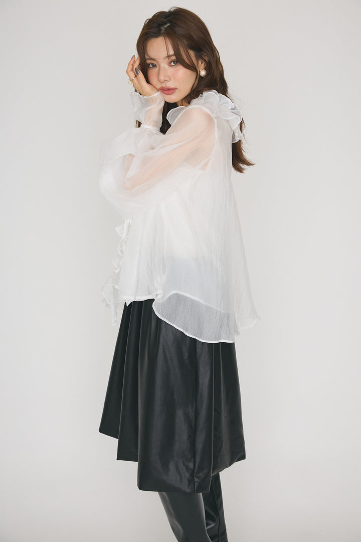 [予約/SET]フラワーモチーフシアーキャンディースリーブブラウス+レザーライクフレアキュロット(2set)