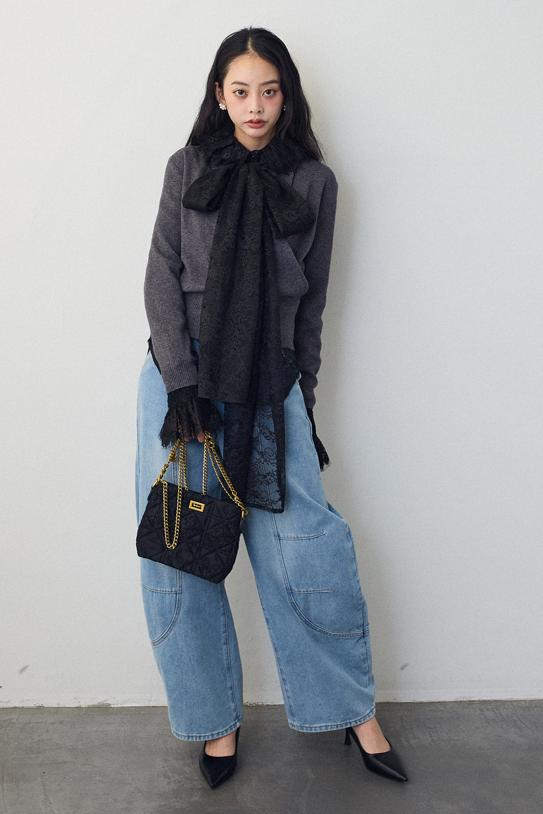 [予約/SET]クラシカルレースボウタイブラウス+カシュクールデザインニット+ステッチ美ラインカーブデニムパンツ(3set)