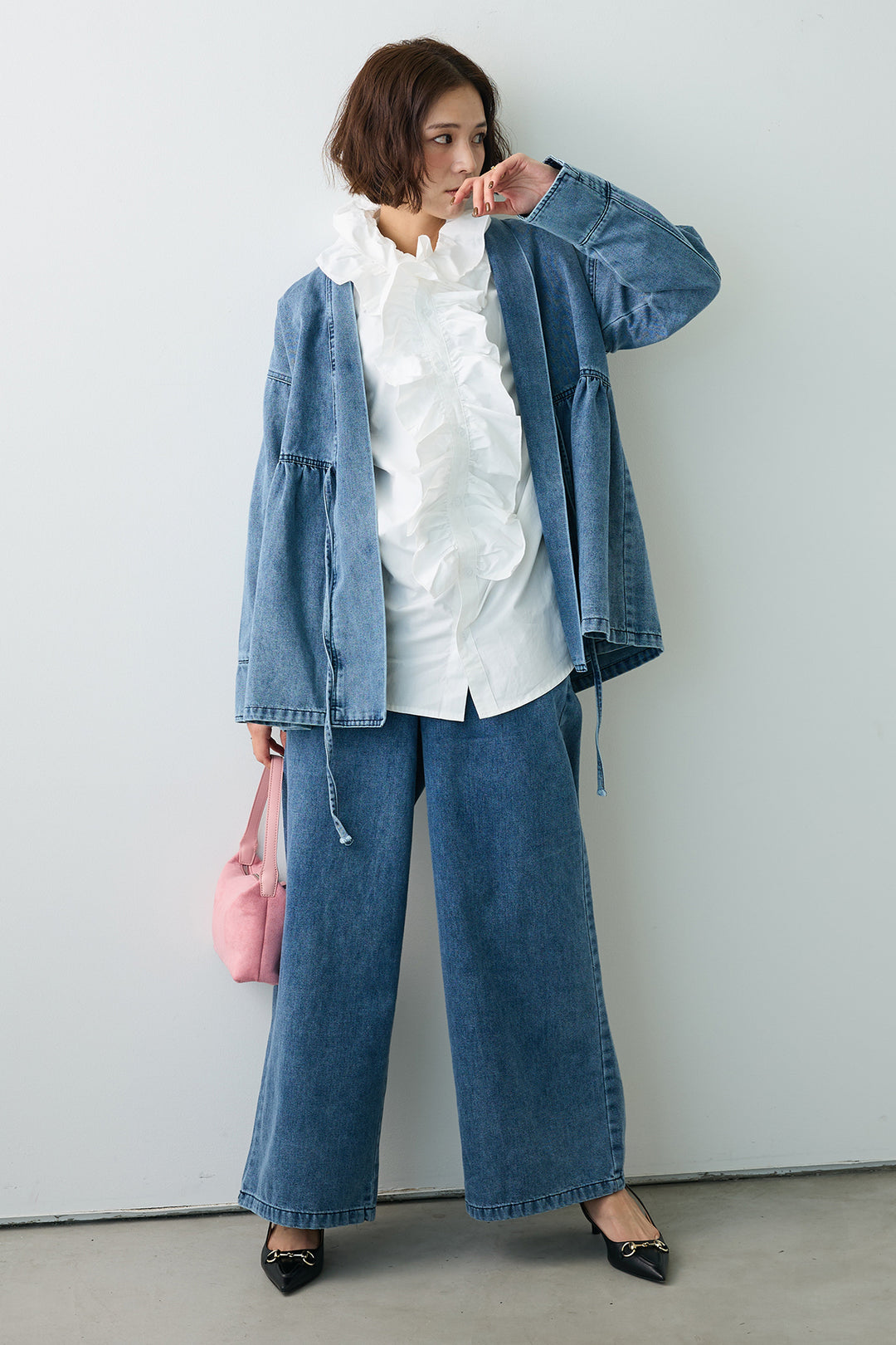 [予約/SET]ブルームカラーフリルブラウス+ノーカラーデニムルーズセットアップ(2set)