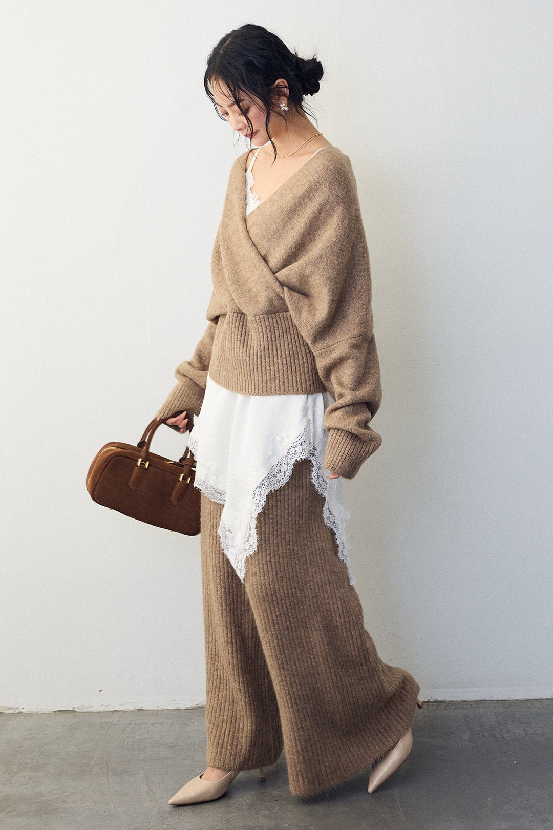 [予約/SET]カシュクール美ラインニットセットアップ+サテンレースアシメキャミ(2set)