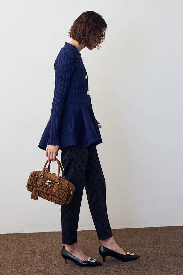 [予約/SET]リブ美ラインペプラムニット+ドット柄センターラインテーパードパンツ(2set)