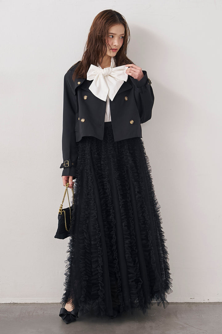 [予約/SET]BIGリボン綿ブラウス+クラシカルショートトレンチ+Iラインホイップチュールスカート(3set)