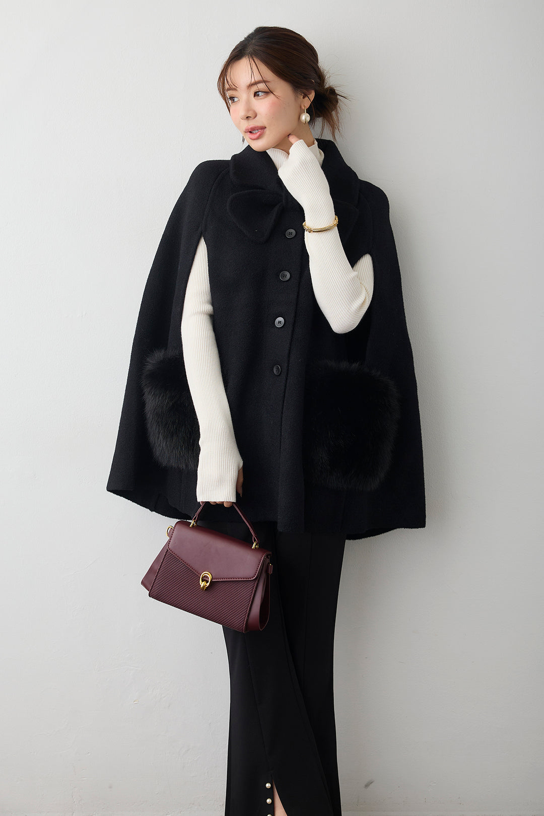 [予約/SET]ウールタッチファーポケットポンチョコート+センタースリットパールパンツ(2set)