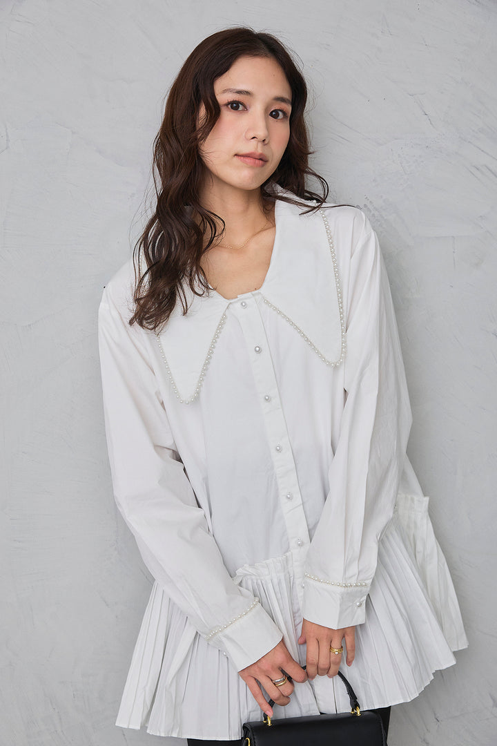 [予約/SET]パールライン襟×プリーツシャツ+タックテーパードパンツ(2set)