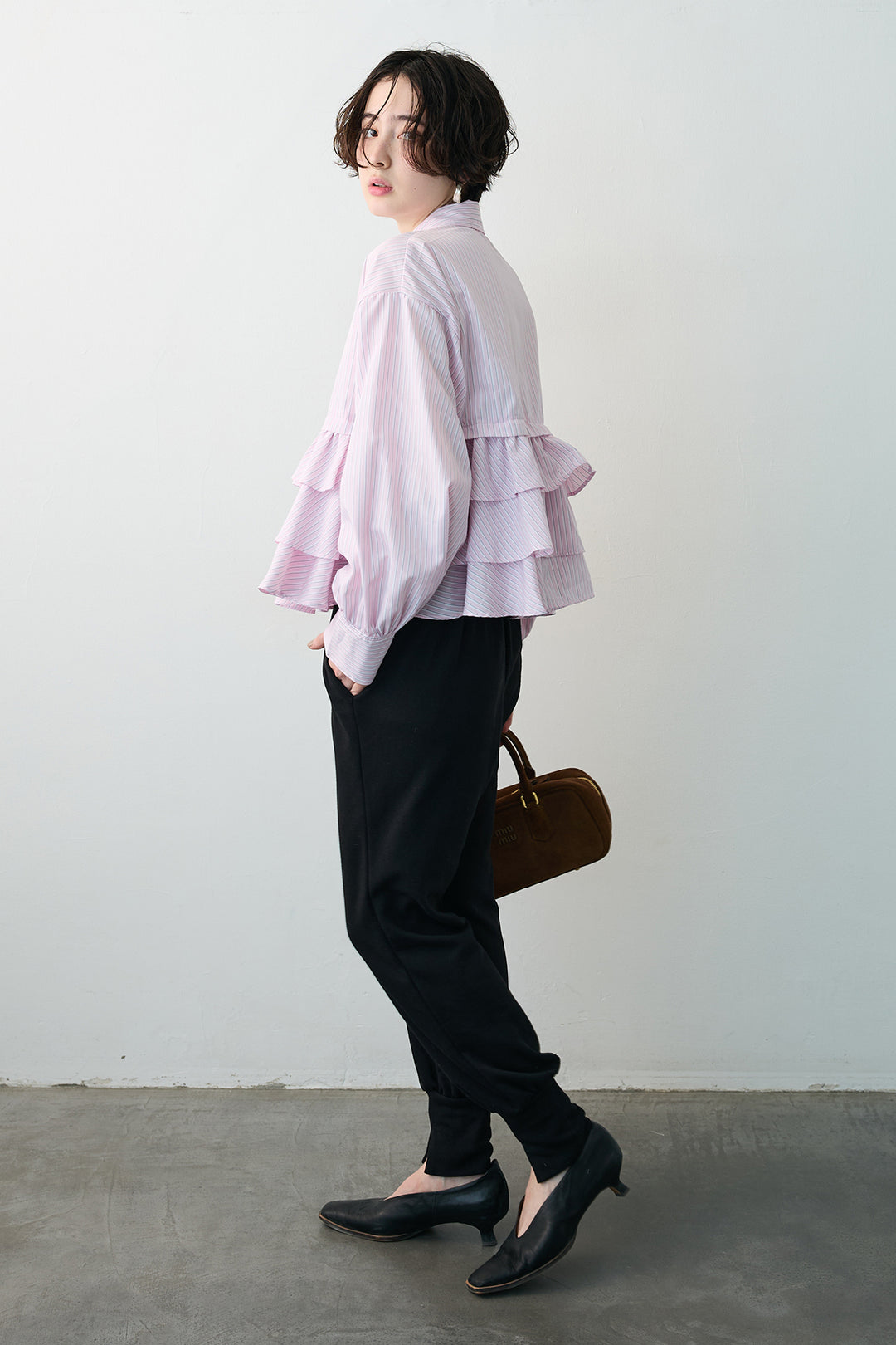 [予約]ストライプティアードフリルクロップドシャツ