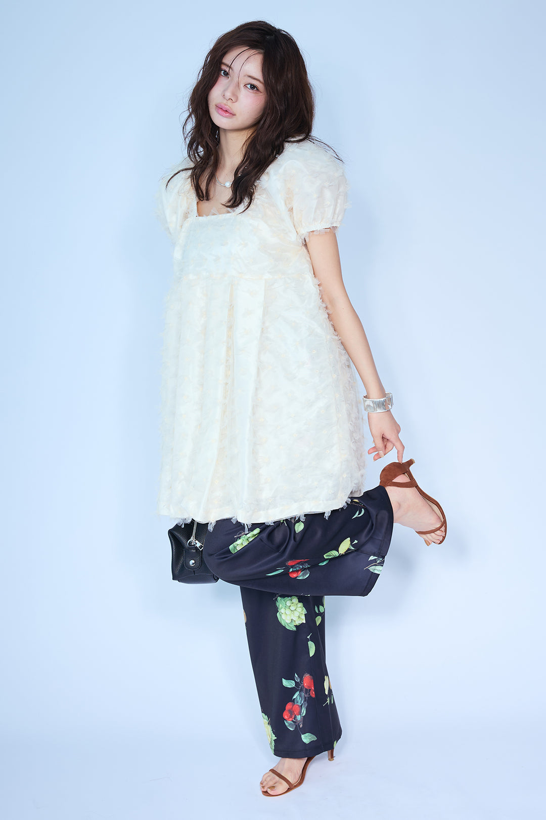 [予約/SET]フラワージャカードパフスリーブチュニック+フルーツパターンストレートパンツ(2set)