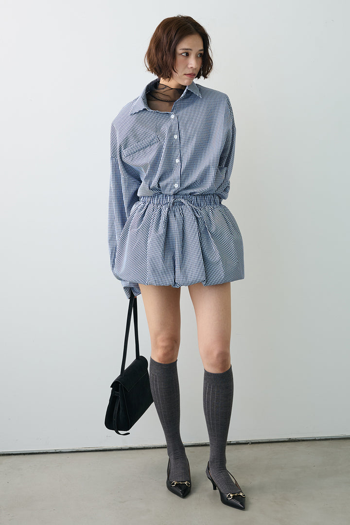 [予約/SET]ハイネックシアーフリルヘムトップス+ギンガムチェックバルーンミニボトムセットアップ(2set)