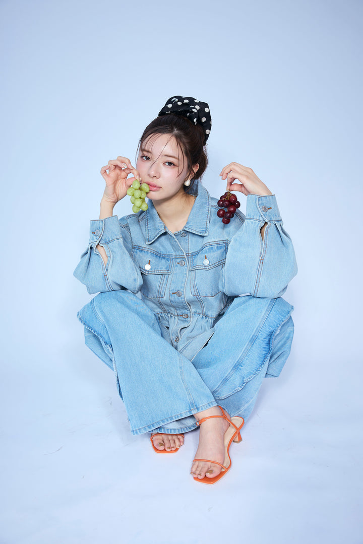 [予約/SET]ペプラムデニムジャケット+フリルウェーブデニムパンツ(2set)