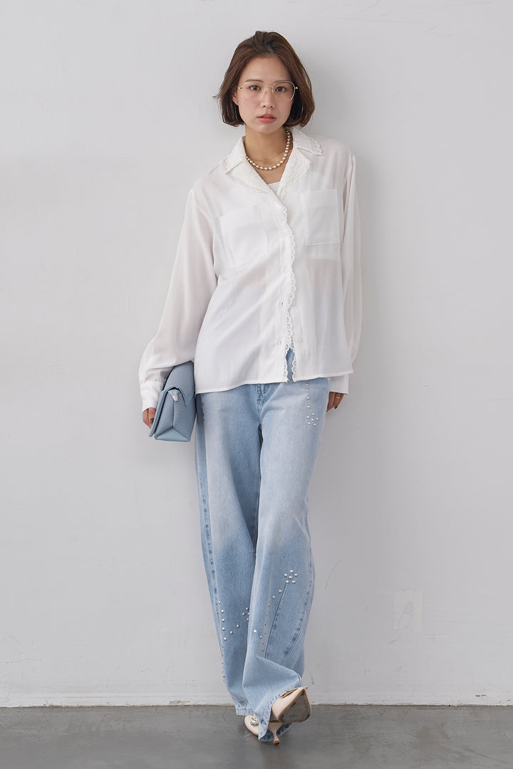 [予約/SET]クラシックレーストリムブラウス+スタッズアシメカーブデニムパンツ(2set)