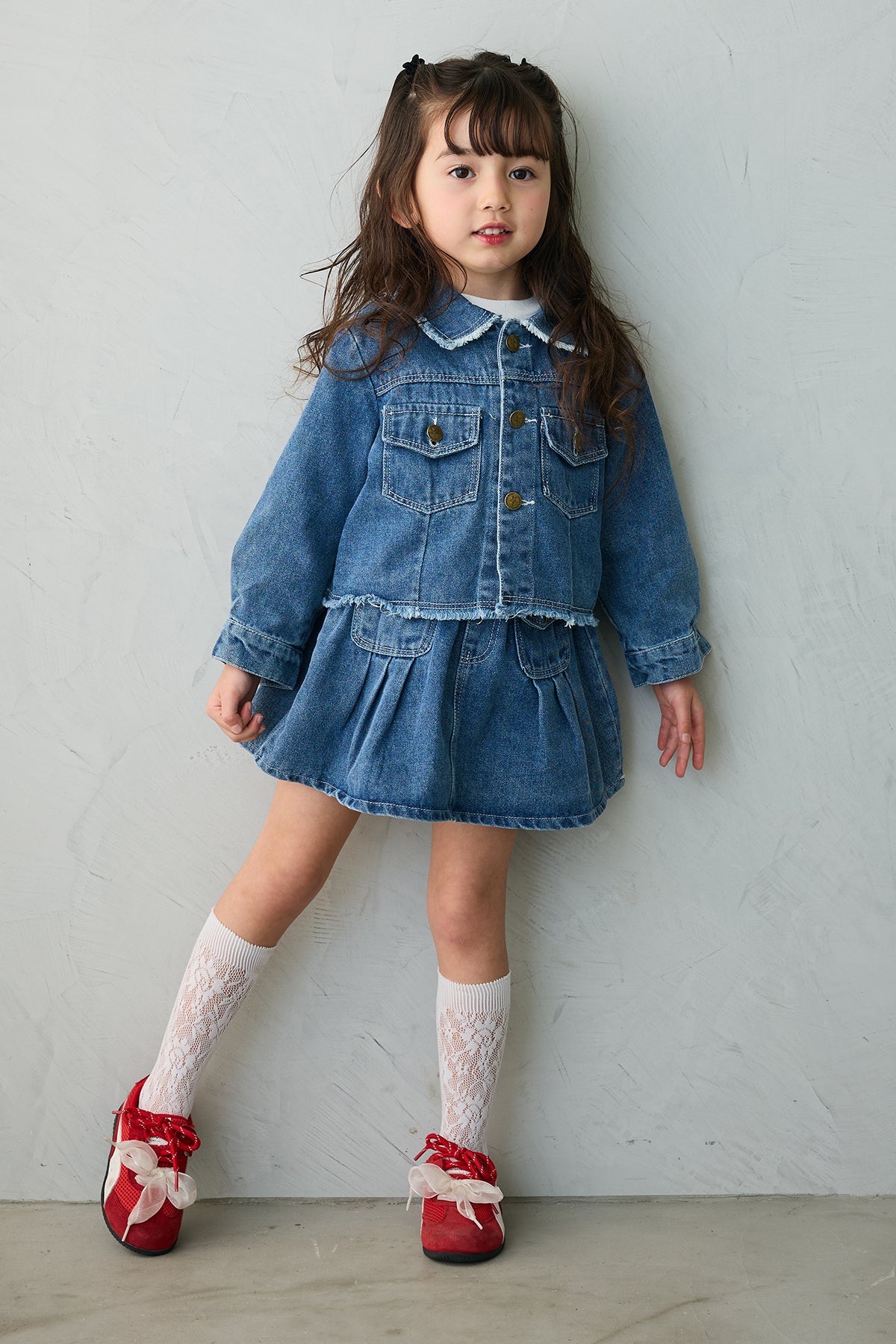 予約/親子SET][kids]ボックスプリーツデニムセットアップ+ブルーム