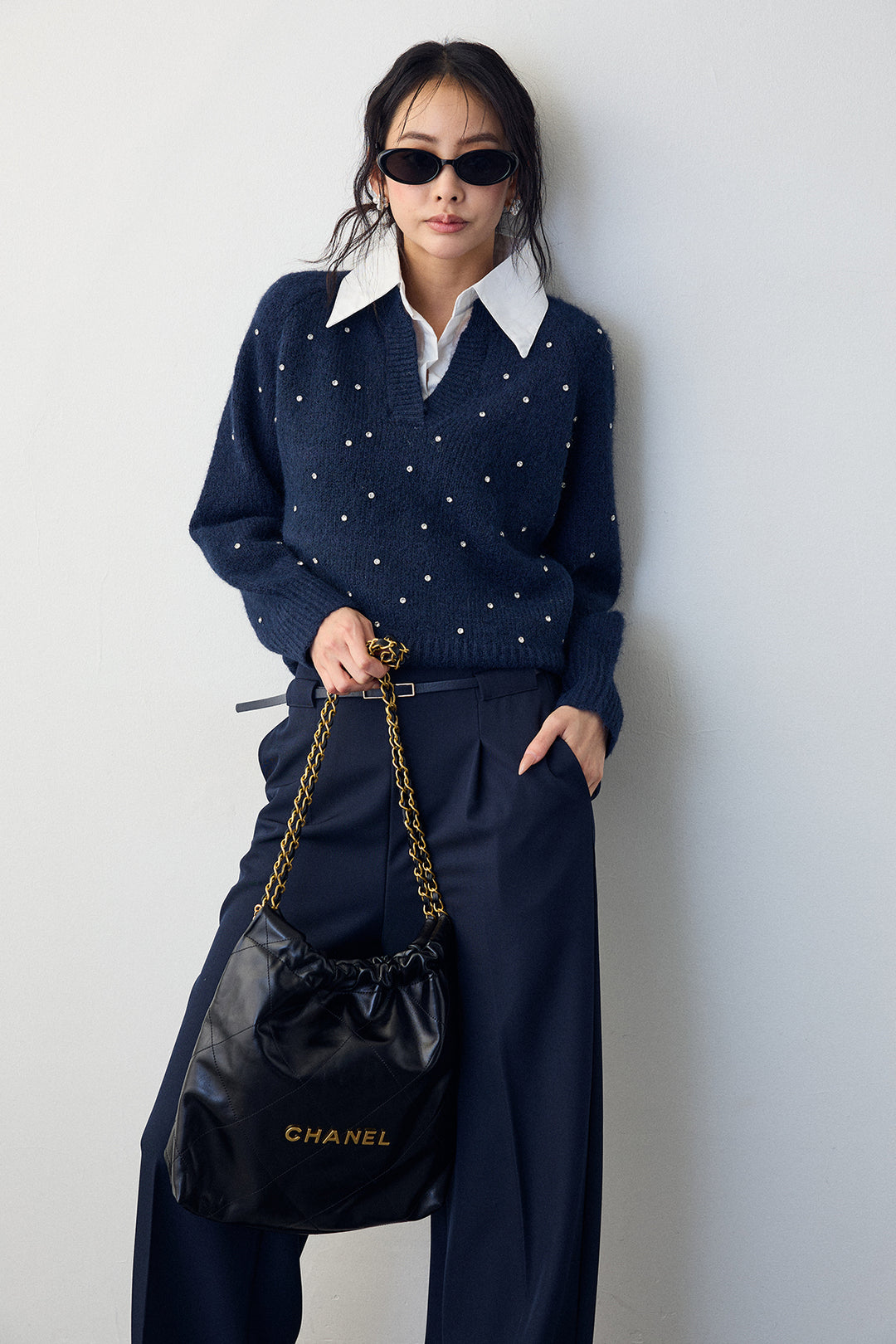 [予約/SET]シャツ襟ラインストーンニットPO+ポイントベルトセットストレートワイドパンツ(2set)