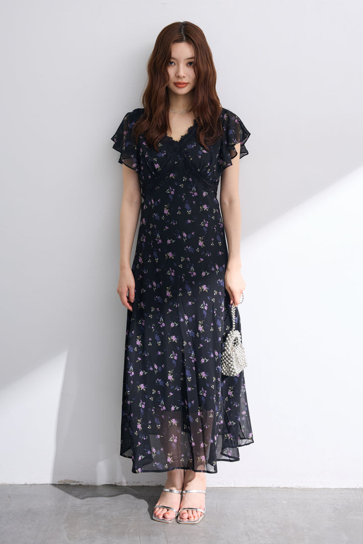 [予約]ニュアンスフラワーレースポイントシフォンワンピース